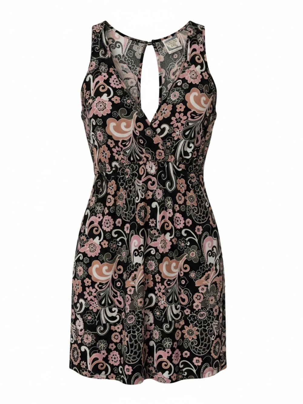 Sleeveless Black Floral Fit-and-Flare Dress with Pink Accents